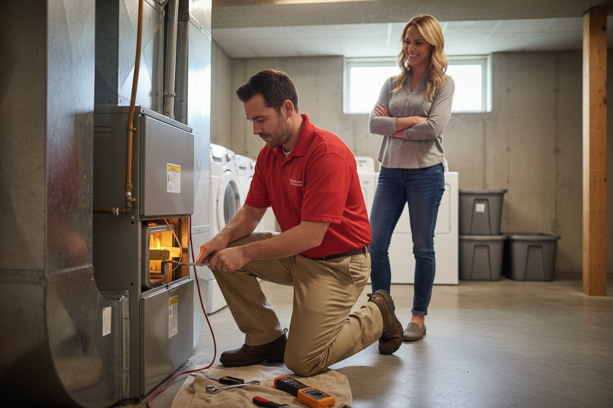 man in red shirt working on a furnace with a happy home owner standing beside them